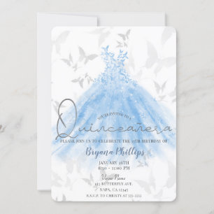 Invitación Vestido de Mariposa Bailarín Azul Brillo Quinceañe
