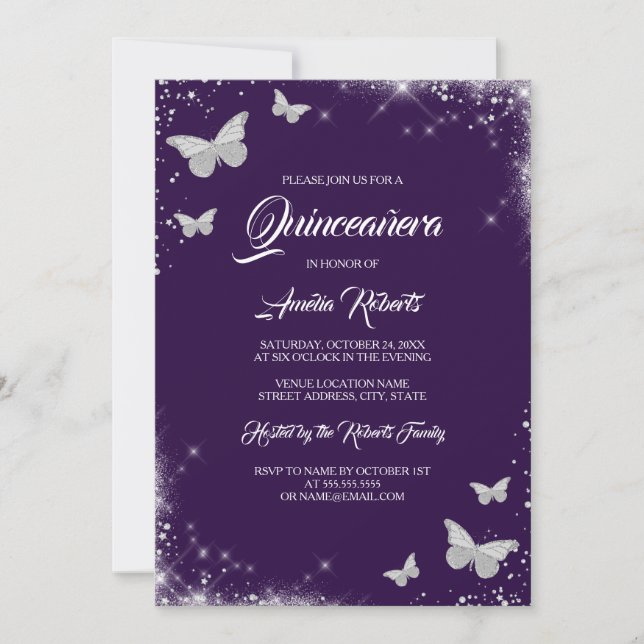 Invitación Vestido de mariposa color morado Quinceanera (Anverso)