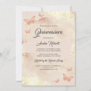 Invitación Vestido de Mariposa de Acuarela de Oro Rosa Quince