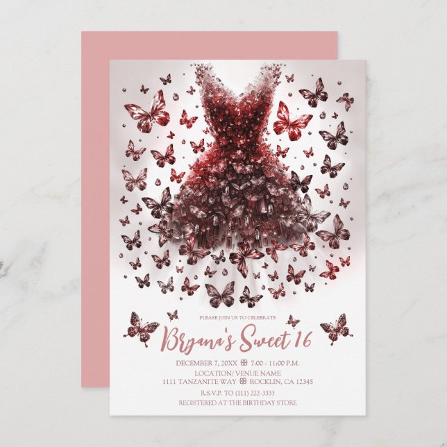 Invitación Vestido de mariposa de cristal de oro Rosa (Anverso / Reverso)