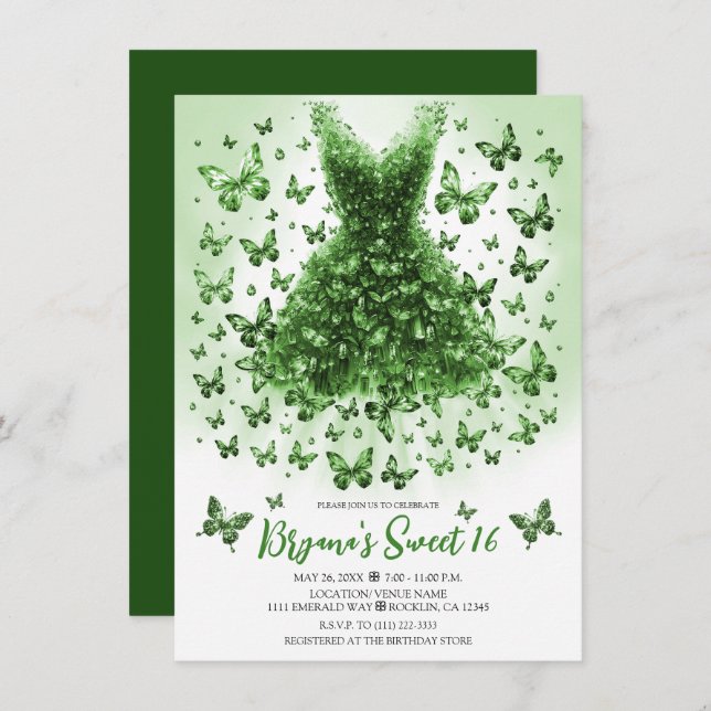 Invitación Vestido de mariposa de cristal esmeralda May Birth (Anverso / Reverso)