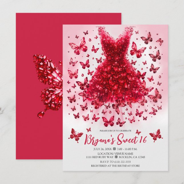Invitación Vestido de Mariposa de Cristal Rubí Rojo Piedra de (Anverso / Reverso)
