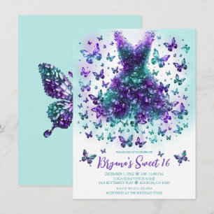 Invitación Vestido de Mariposa de Cristal Verde Azul y Púrpur