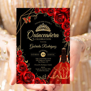 Invitación Vestido de Mariposa de Oro Rojo Quinceañera Floral