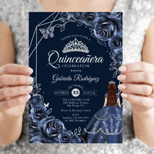 Invitación Vestido de Mariposa de Plata Navy Quinceanera Flor