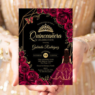 Invitación Vestido de mariposa dorada burgundy Quinceanera fl