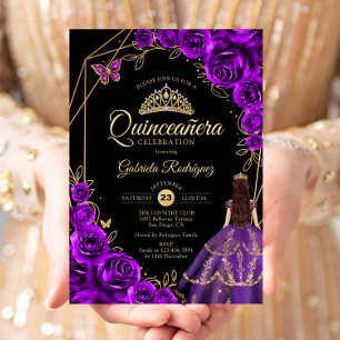 Invitación Vestido de Mariposa Dorada Morado Quinceañera Flor