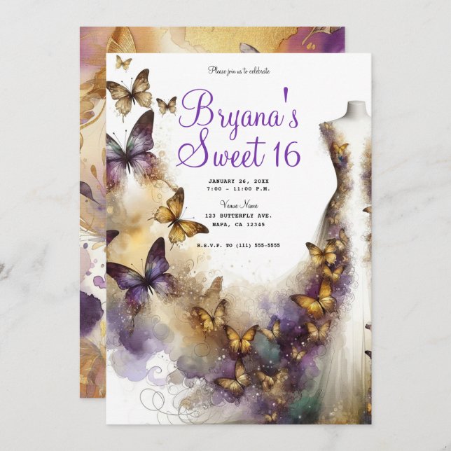 Invitación Vestido de mariposa morado y dorado Fantasía dulce (Anverso / Reverso)