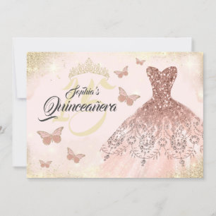Invitación Vestido de Mariposa Quinceañera de Oro Rosa