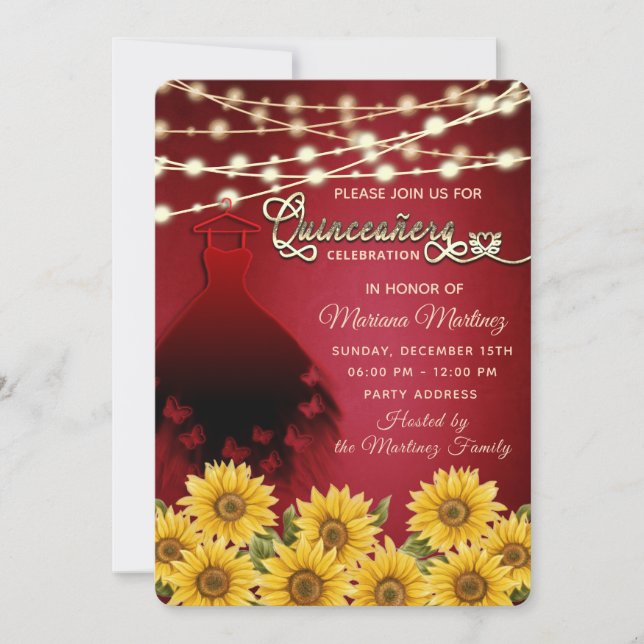Invitación Vestido de mariposa roja Flor de girasol Llamas de (Anverso)