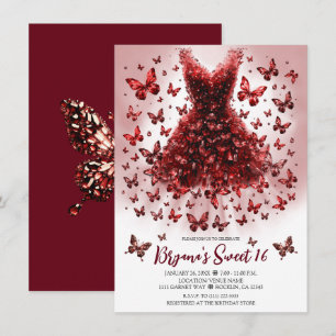 Invitación Vestido de Mariposa Rojo Oscuro Granate Piedra de 