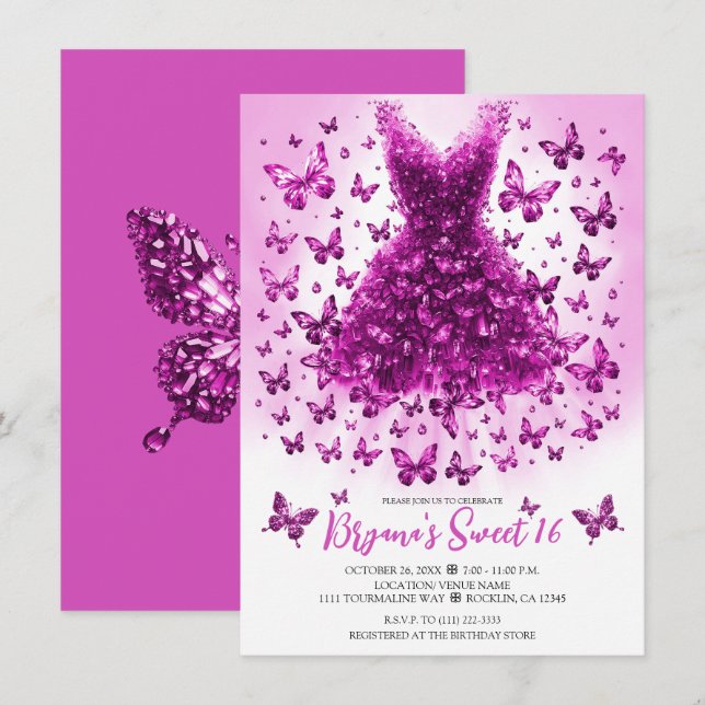 Invitación Vestido de mariposa rosa de Tourmaline Octubre Bir (Anverso / Reverso)