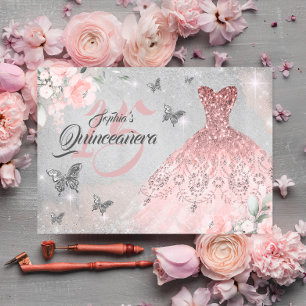 Invitación Vestido de Mariposa Rosa Dorado con Brillo Quincea
