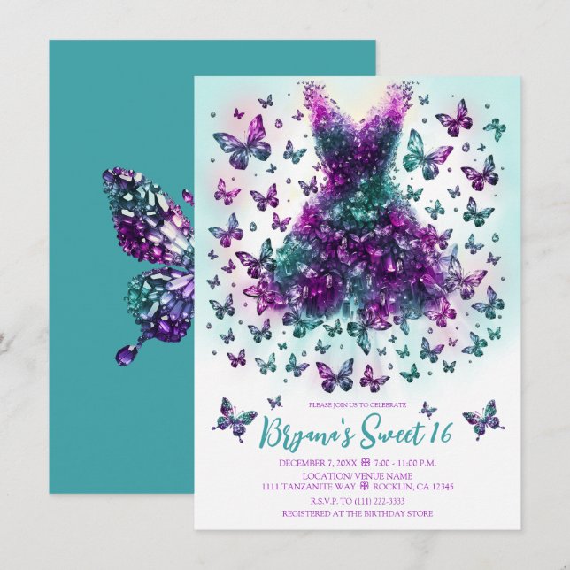 Invitación Vestido de mariposa teal Alexandrita piedra de nac (Anverso / Reverso)