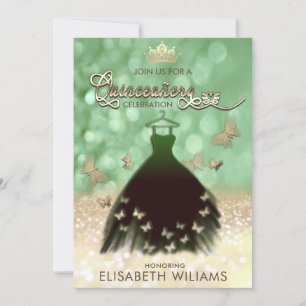 Invitación Vestido de mariposa verde Quinceañera