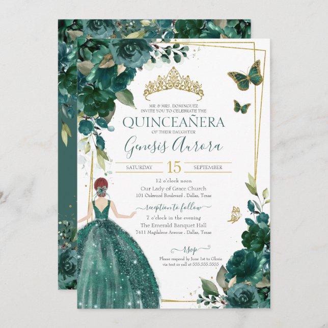 Invitación Vestido de mariposas floridas Quinceañera Emerald  (Anverso / Reverso)