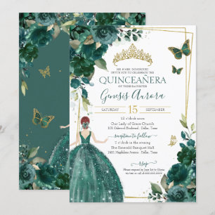 Invitación Vestido de mariposas floridas Quinceañera Emerald 