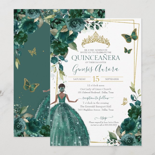 Invitación Vestido de mariposas floridas Quinceañera Emerald  (Anverso / Reverso)