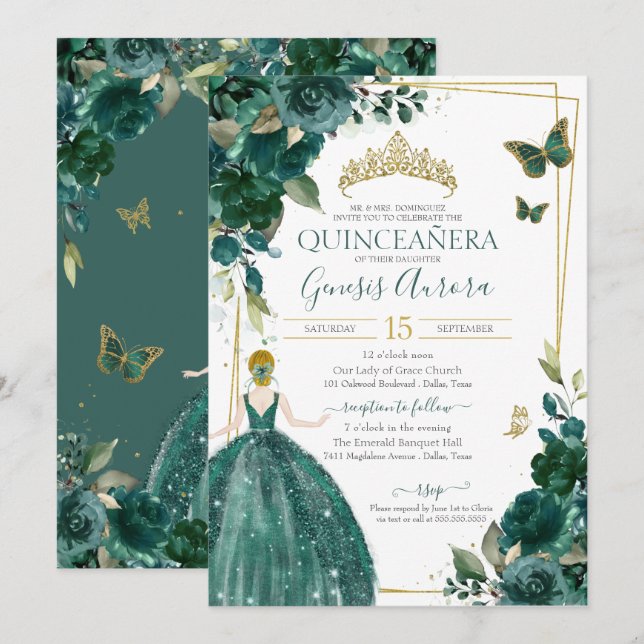 Invitación Vestido de mariposas floridas Quinceañera Emerald  (Anverso / Reverso)