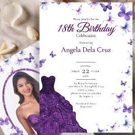 Invitación Vestido de Mariposas Moradas Cumpleaños 18 Debut