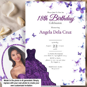 Invitación Vestido de Mariposas Moradas Cumpleaños 18 Debut
