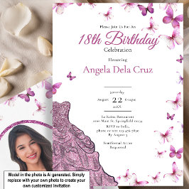 Invitación Vestido de Mariposas Rosadas para Fiesta de Cumple