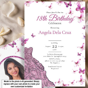 Invitación Vestido de Mariposas Rosadas para Fiesta de Cumple