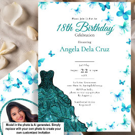 Invitación Vestido de Mariposas Turquesas Elegantes Debut de