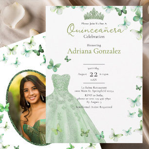 Invitación Vestido de Mariposas Verde Salvia Tiara Quinceañer