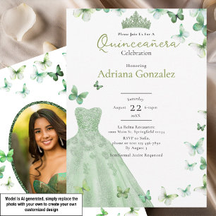 Invitación Vestido de Mariposas Verde Salvia Tiara Quinceañer