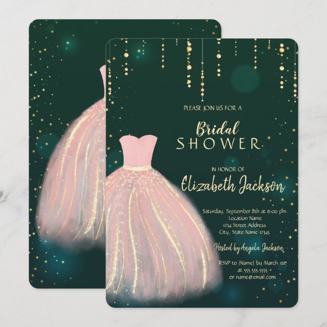 Invitación Vestido de moda, ducha verde de novia (Anverso / Reverso)