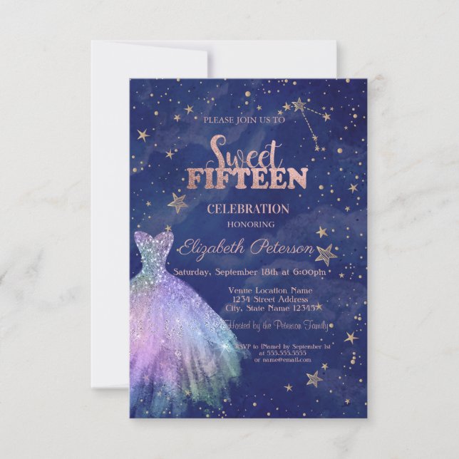 Invitación Vestido de moda Estrellas Navy Blue Holographic Sw (Anverso)