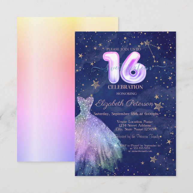 Invitación Vestido de moda Estrellas Navy Blue Holographic Sw (Anverso / Reverso)