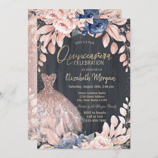Invitación Vestido de moda, flores azules, quinceañera de oro (Anverso / Reverso)
