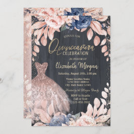Invitación Vestido de moda, flores azules, quinceañera de oro