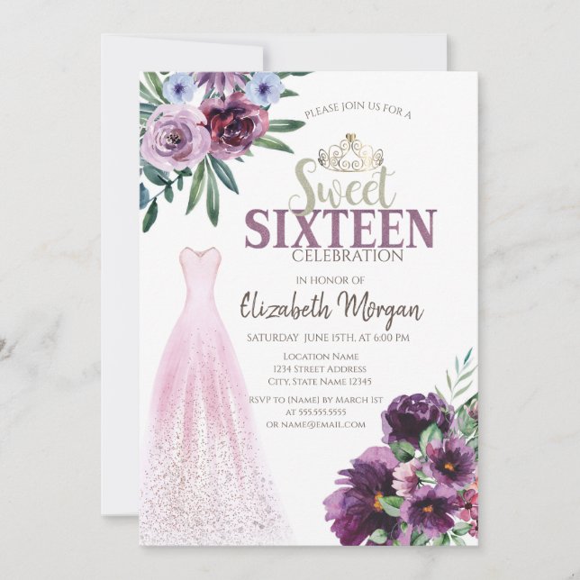 Invitación Vestido de moda, flores moradas dulces 16 (Anverso)