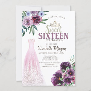 Invitación Vestido de moda, flores moradas dulces 16
