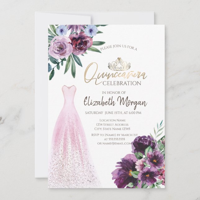 Invitación Vestido de moda, Flores Púrpura Quinceañera (Anverso)