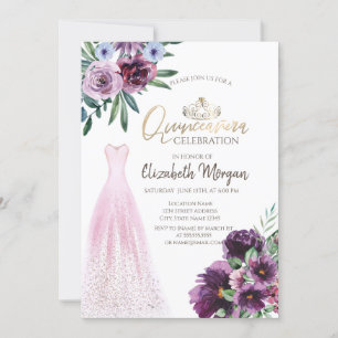 Invitación Vestido de moda, Flores Púrpura Quinceañera