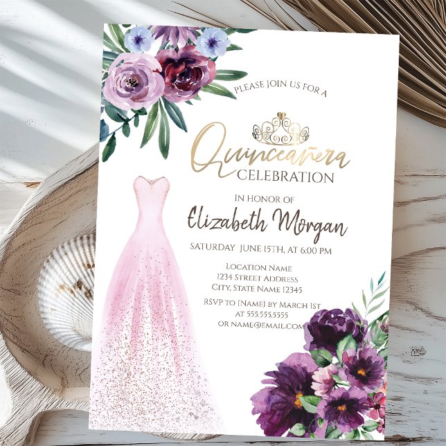 Invitación Vestido de moda, Flores Púrpura Quinceañera (Subido por el creador)