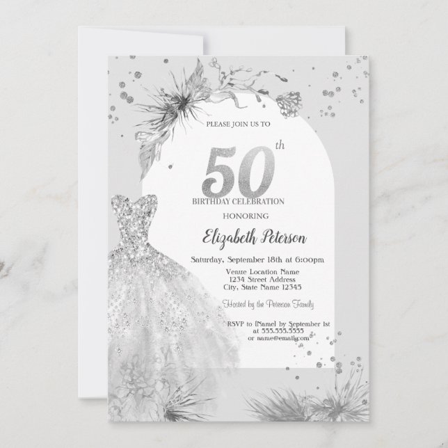 Invitación Vestido de moda Gris invernal 50 cumpleaños (Anverso)