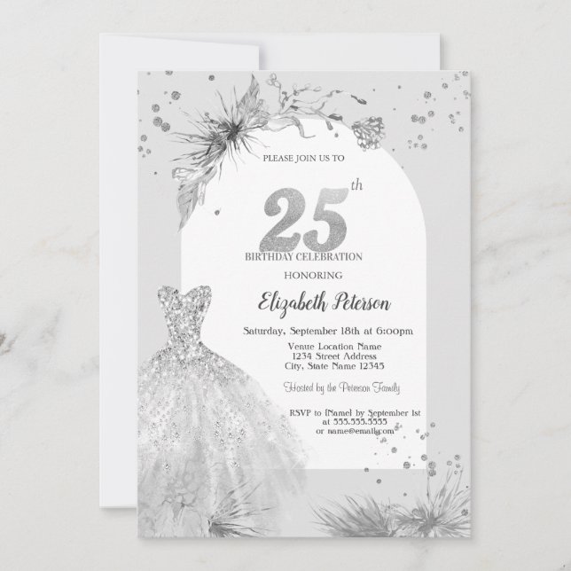Invitación Vestido de moda Gris Invierno 25 cumpleaños (Anverso)