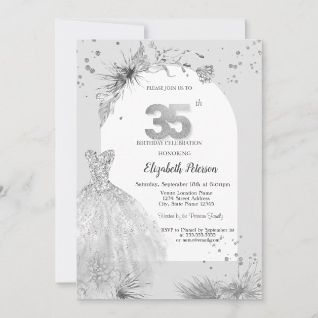 Invitación Vestido de moda Gris Invierno 35 cumpleaños (Anverso)