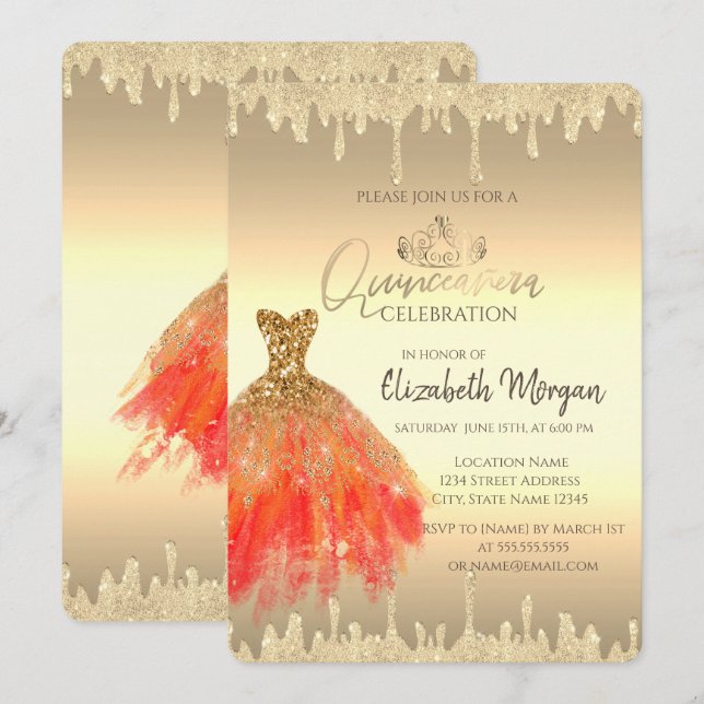 Invitación Vestido de moda, Purpurina gotea oro Quinceañera d (Anverso / Reverso)
