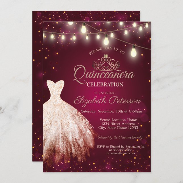 Invitación Vestido de moda, Tiara Burgundy Quinceañera (Anverso / Reverso)
