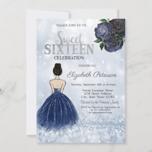 Invitación Vestido de niña azul marino Glitter Bokeh Sweet 16