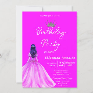 Invitación Vestido de niña Tiara Brillo Chic Rosa Neón Cumple