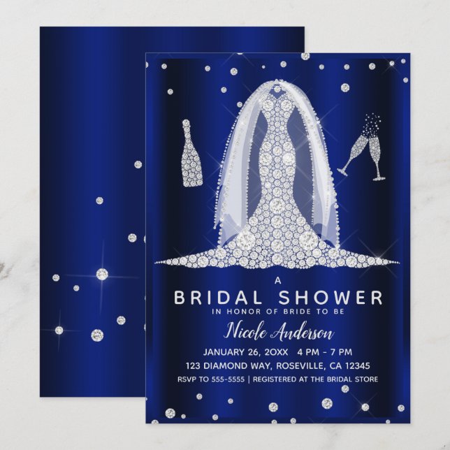 Invitación Vestido de novia azul brillante diamante ducha nup (Anverso / Reverso)