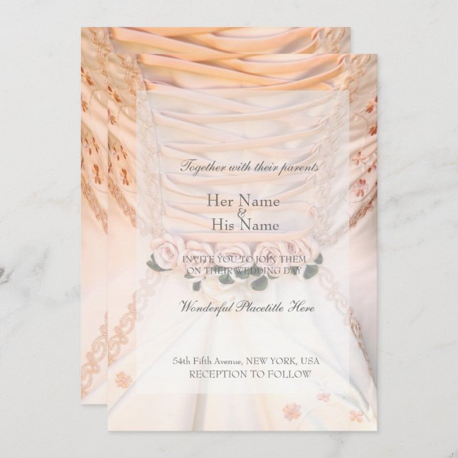 Invitación Vestido de novia blanco con Boda Rosa (Anverso / Reverso)