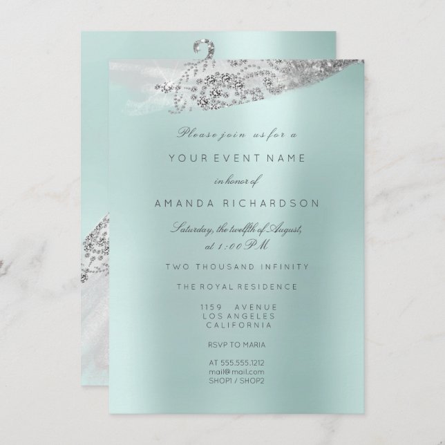 Invitación Vestido de novia blanco dulce 16 Aqua azul (Anverso / Reverso)